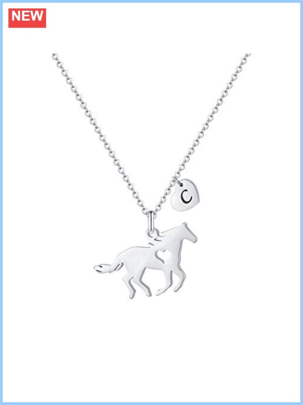 Stainless Steel Horse Pendant Necklace with Initial C - Adjustable Chain